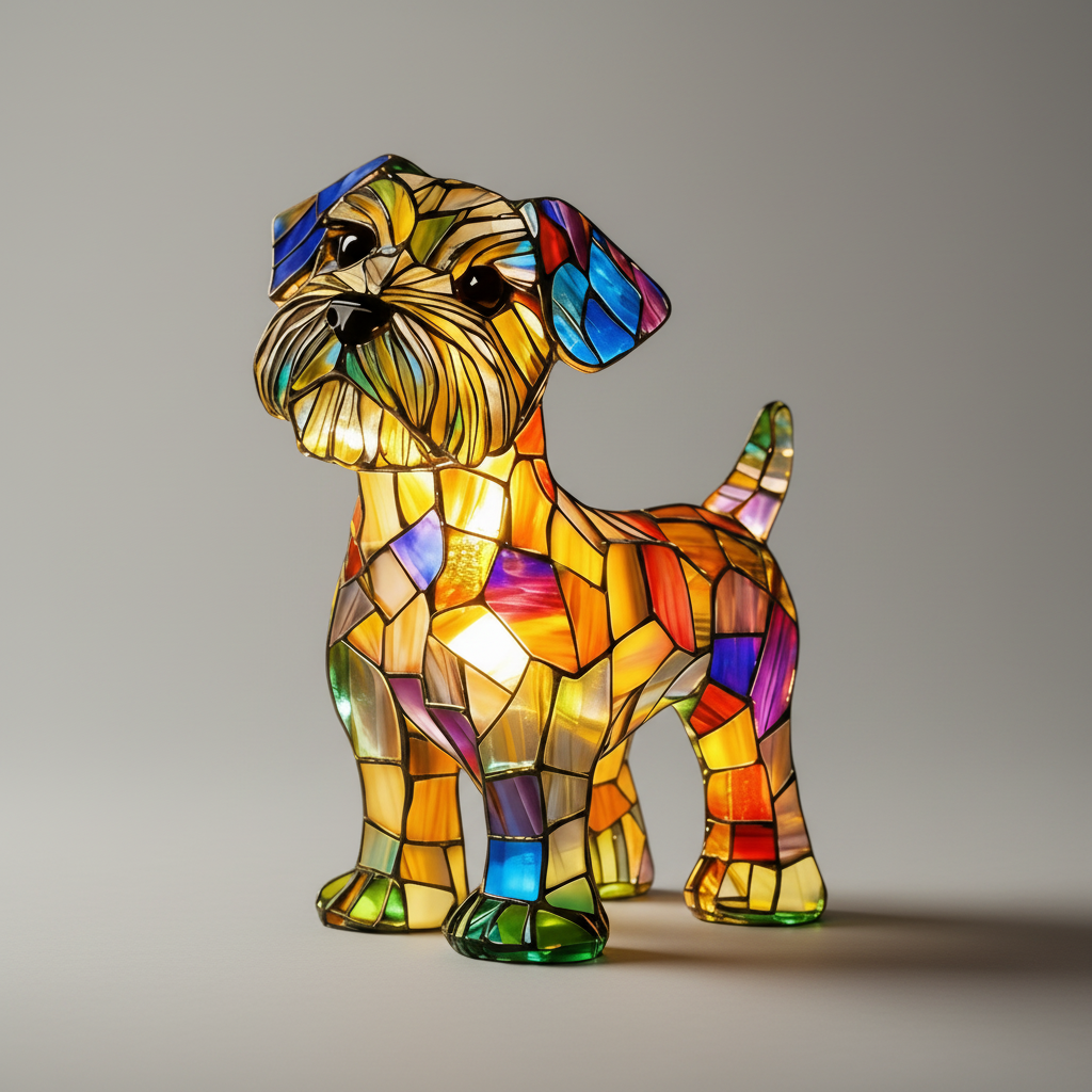 Figur af hund i farvet glas og harpiks natlampe bordlampe