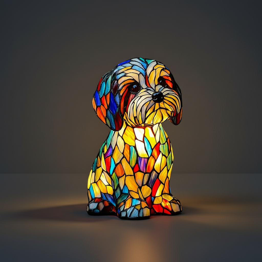 Figur af hund i farvet glas og harpiks natlampe bordlampe