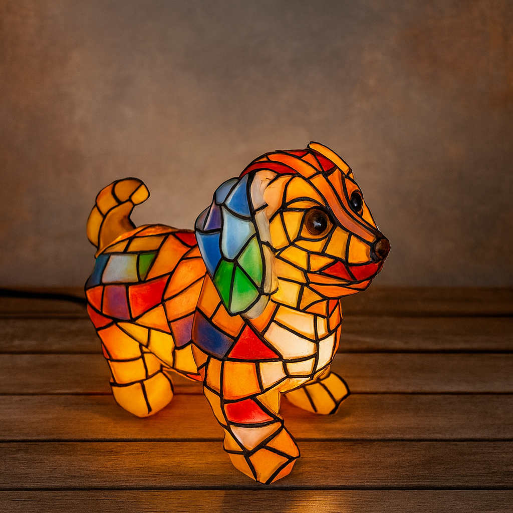 Harpsat glasmosaik hundefigur dekorativ accent bordlampe