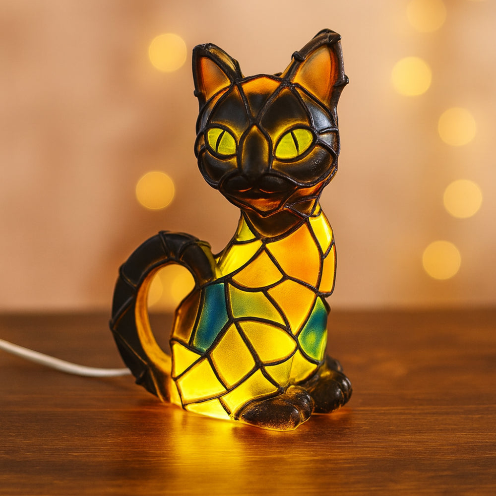 Mosaikfigur af kat i Tiffany-stil bordlampe med farvet glas