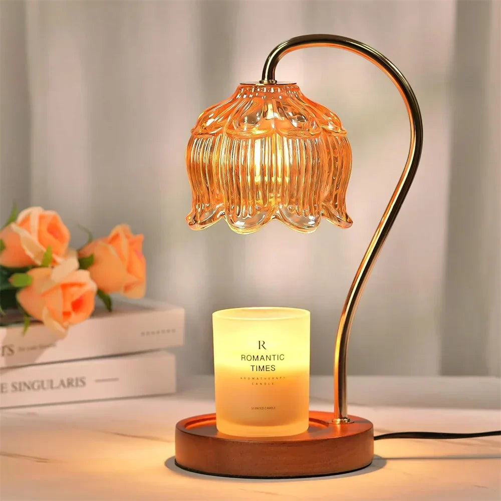 Retro blomstret glasskærm træfod stearinlysvarmer bordlampe