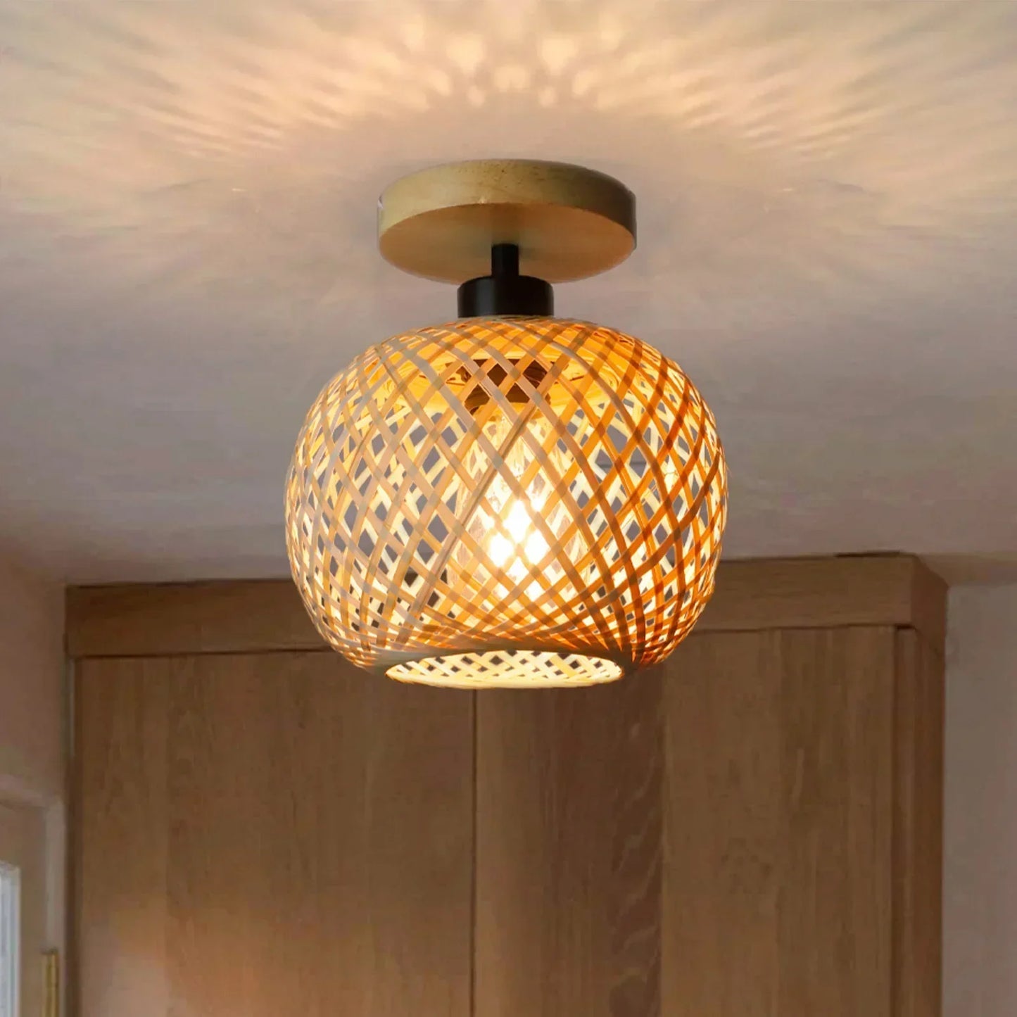 Håndvævet bambus rattan overflademonteret loftlampe
