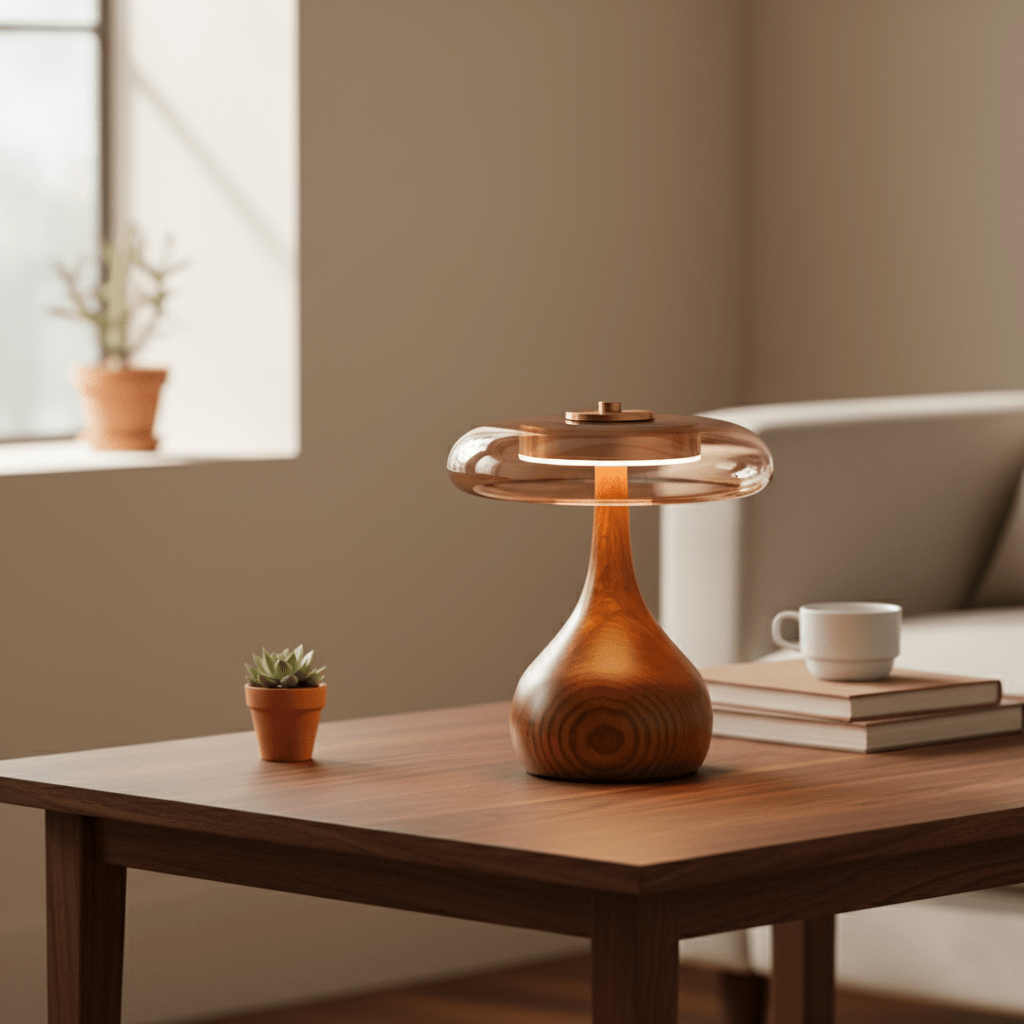 Vancorim | Japandi buet træ amber glas bordlampe