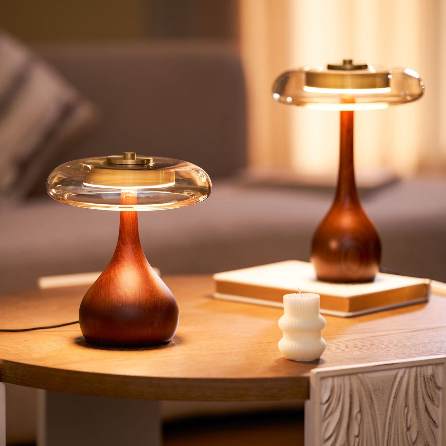 Vancorim | Japandi buet træ amber glas bordlampe
