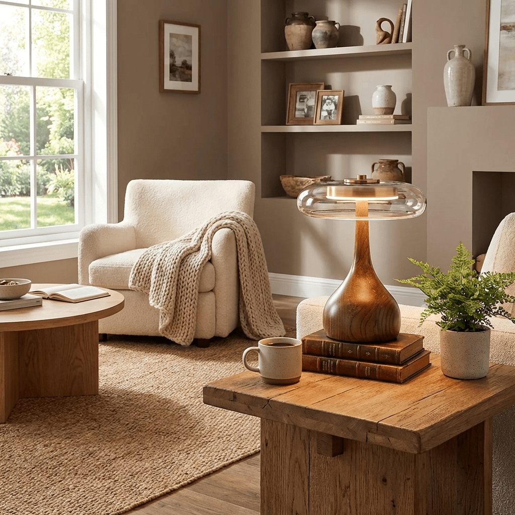 Vancorim | Japandi buet træ amber glas bordlampe