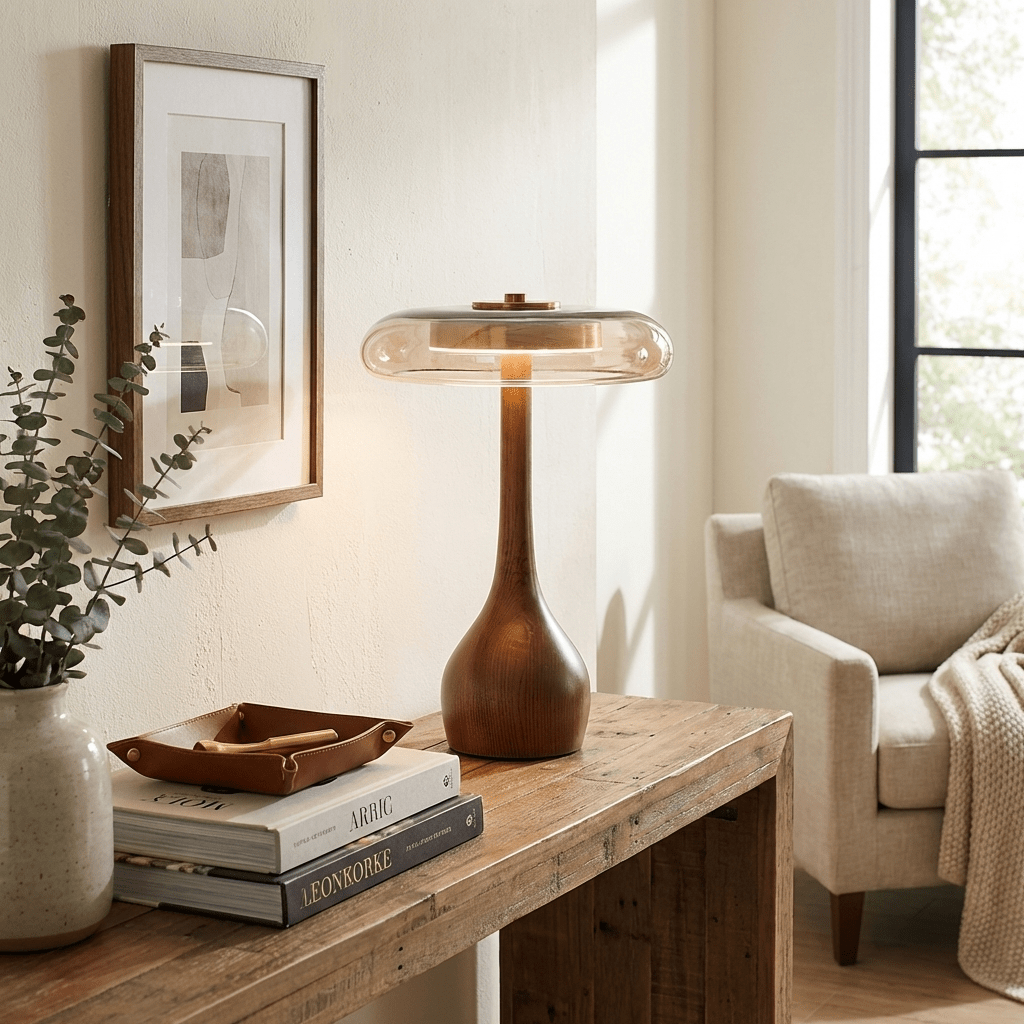 Vancorim | Japandi buet træ amber glas bordlampe