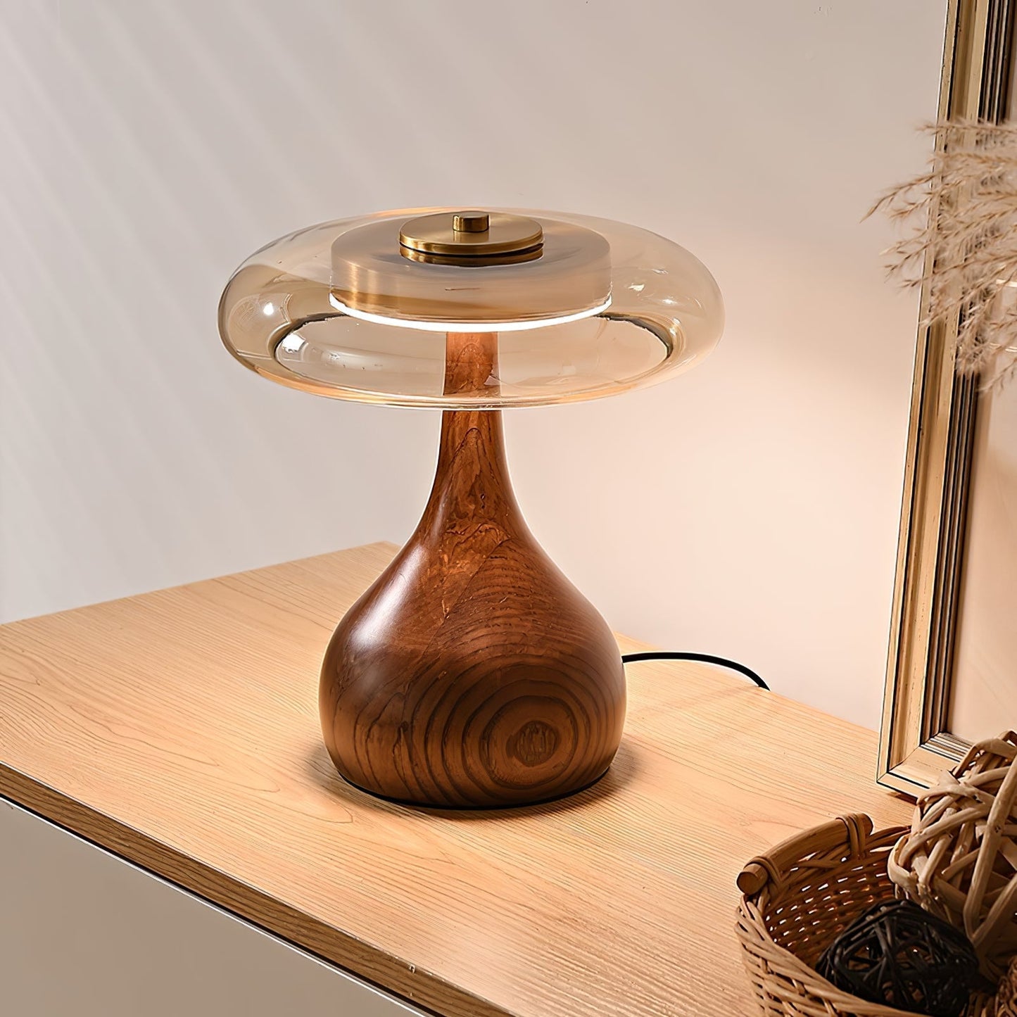 Vancorim | Japandi buet træ amber glas bordlampe