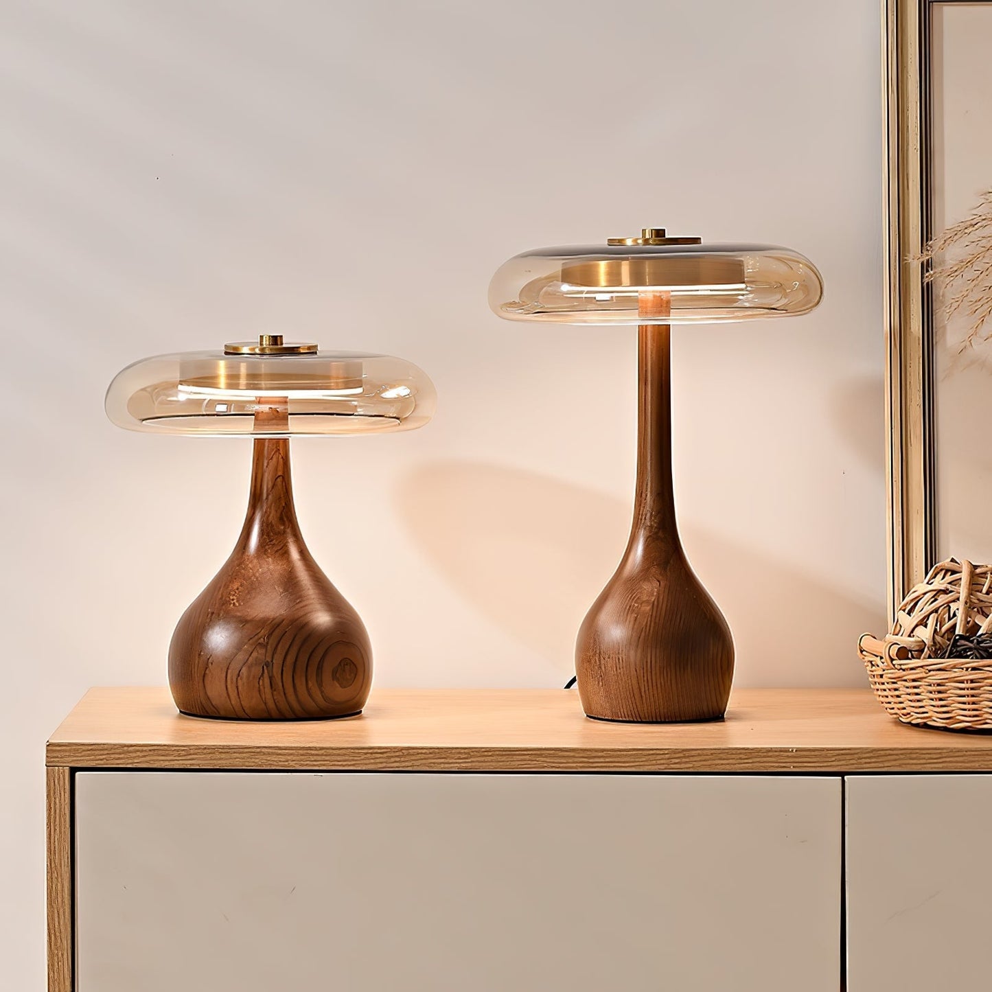 Vancorim | Japandi buet træ amber glas bordlampe