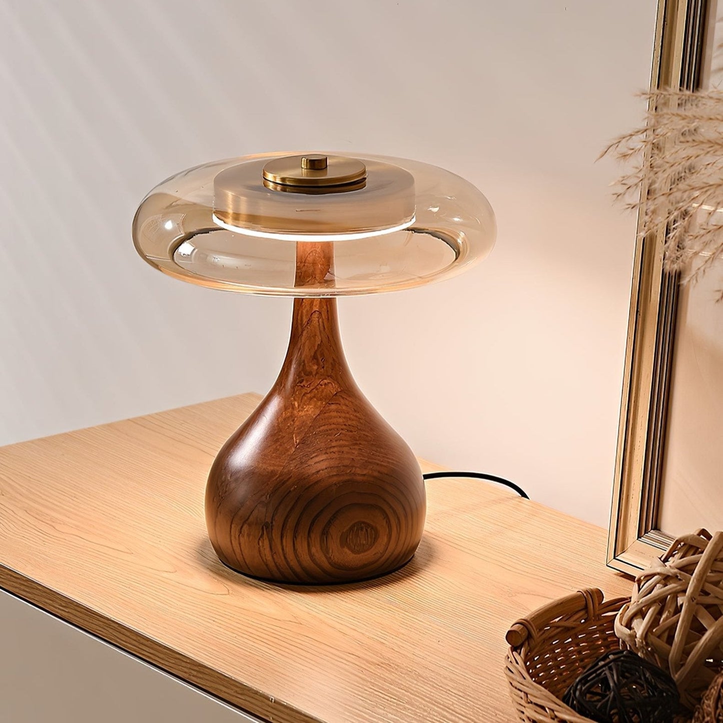 Vancorim | Japandi buet træ amber glas bordlampe