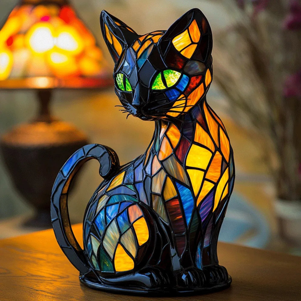 Glasmosaik stil kattefigur bordlampe natlys