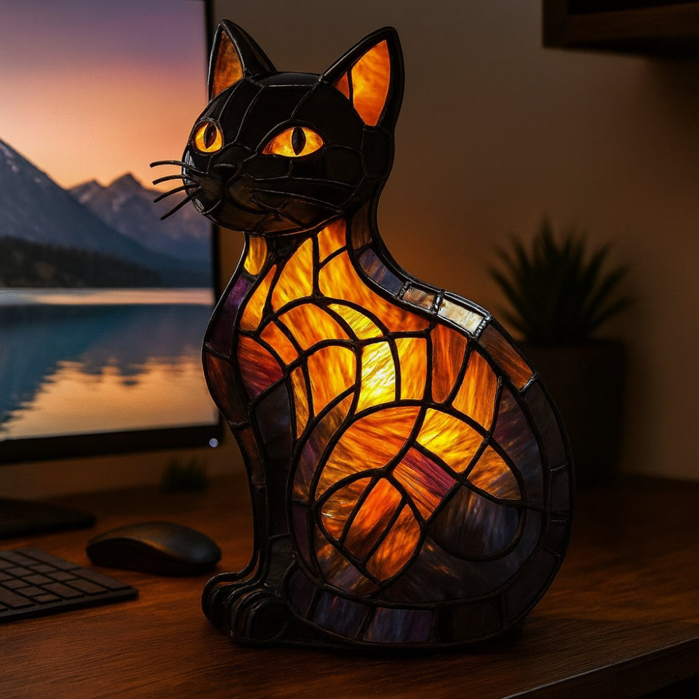 Glasmosaik stil kattefigur bordlampe natlys