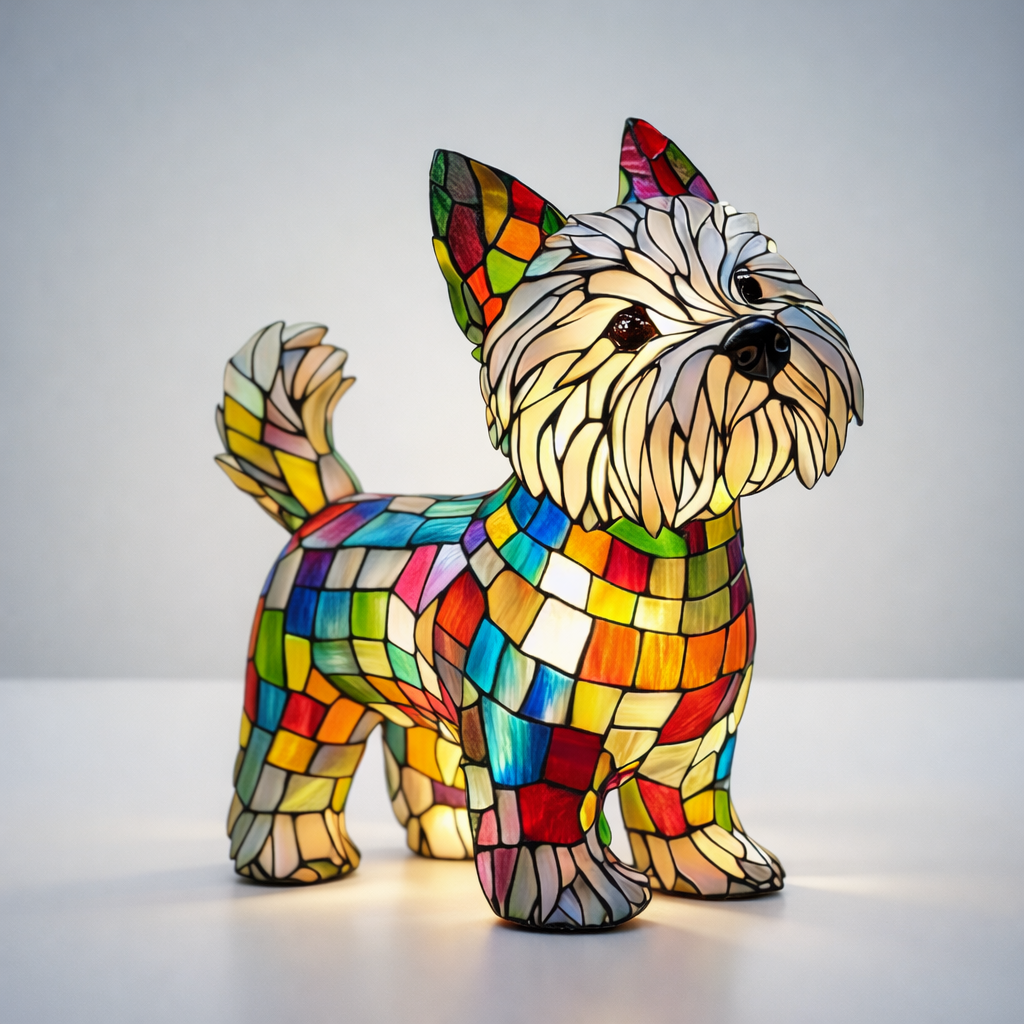 Figur af hund i farvet glas og harpiks natlampe bordlampe