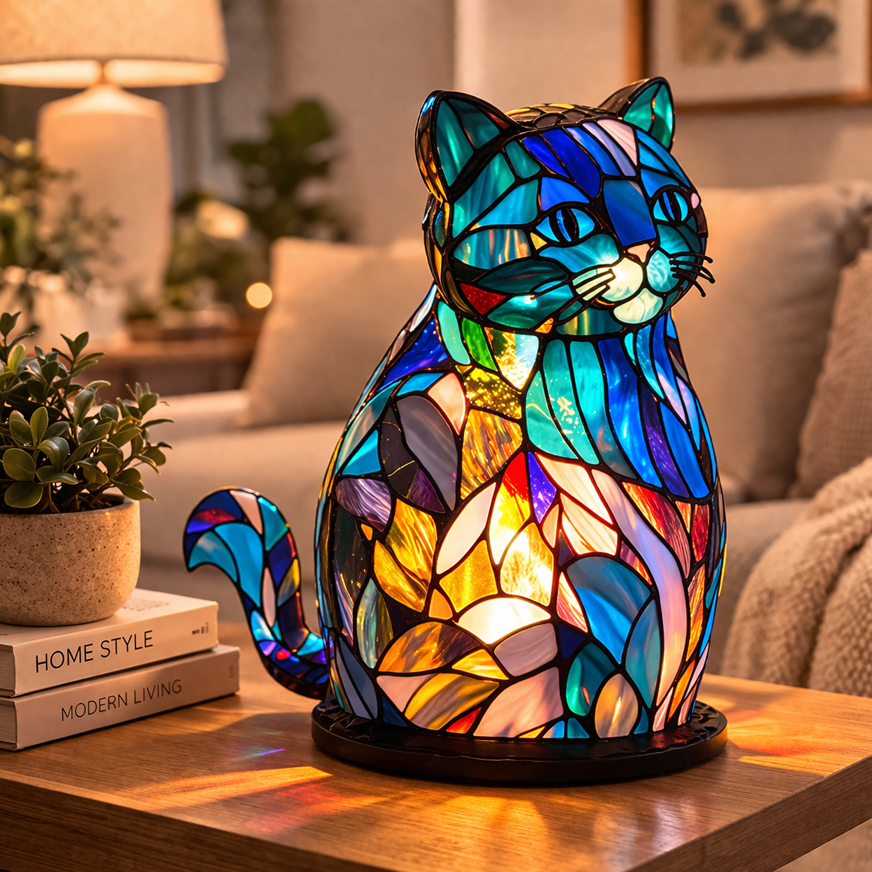 Glasmosaik stil dyrefigur accent bordlampe