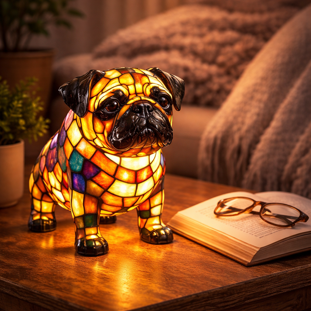 Figur af hund i farvet glas og harpiks natlampe bordlampe