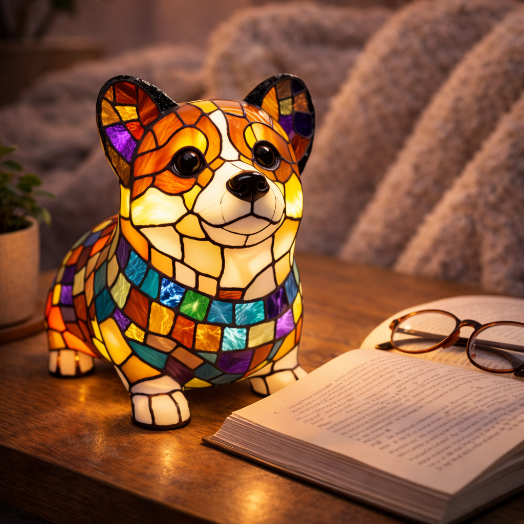 Figur af hund i farvet glas og harpiks natlampe bordlampe
