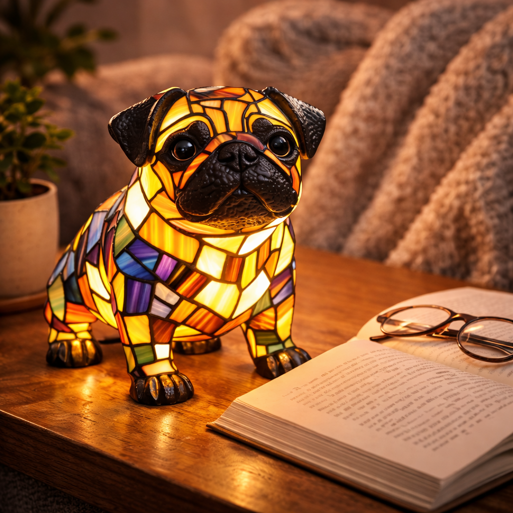 Figur af hund i farvet glas og harpiks natlampe bordlampe