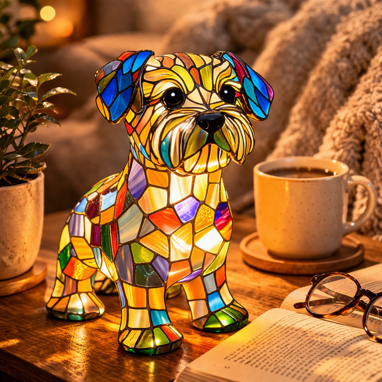 Figur af hund i farvet glas og harpiks natlampe bordlampe