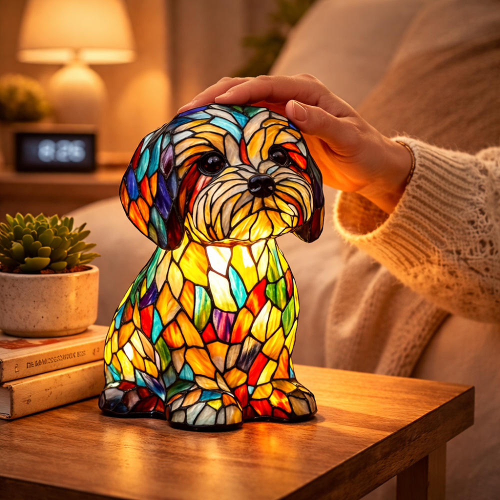Figur af hund i farvet glas og harpiks natlampe bordlampe