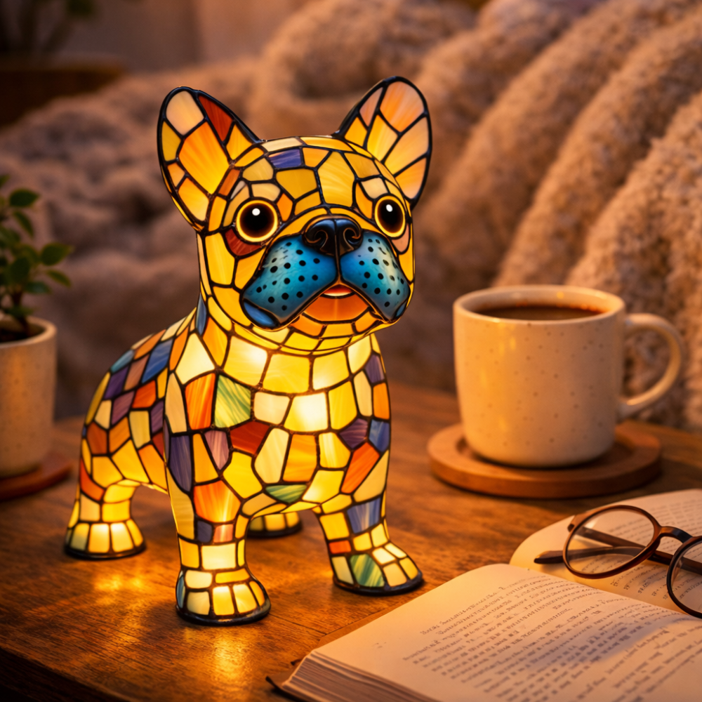 Figur af hund i farvet glas og harpiks natlampe bordlampe