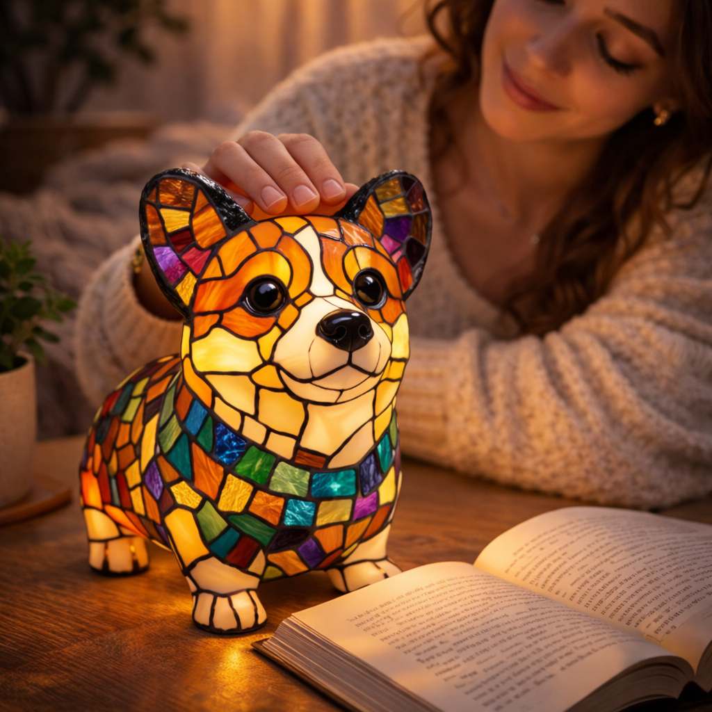 Figur af hund i farvet glas og harpiks natlampe bordlampe