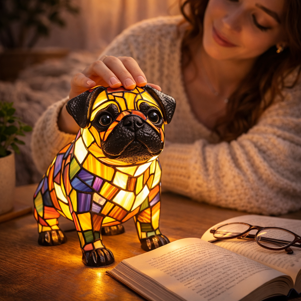 Figur af hund i farvet glas og harpiks natlampe bordlampe