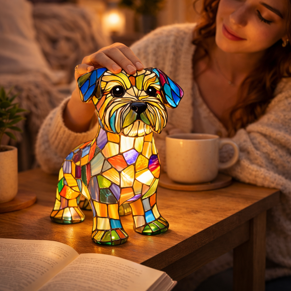 Figur af hund i farvet glas og harpiks natlampe bordlampe