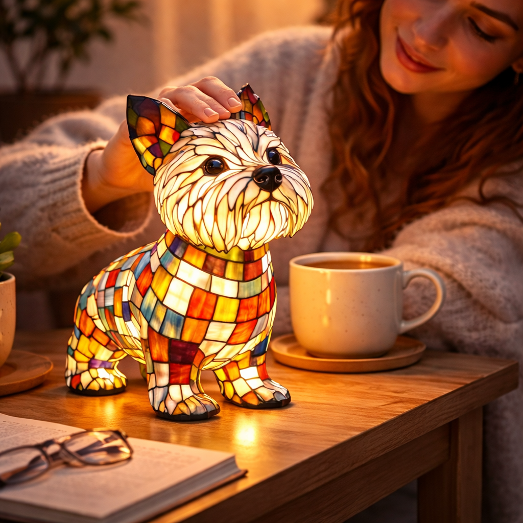 Figur af hund i farvet glas og harpiks natlampe bordlampe