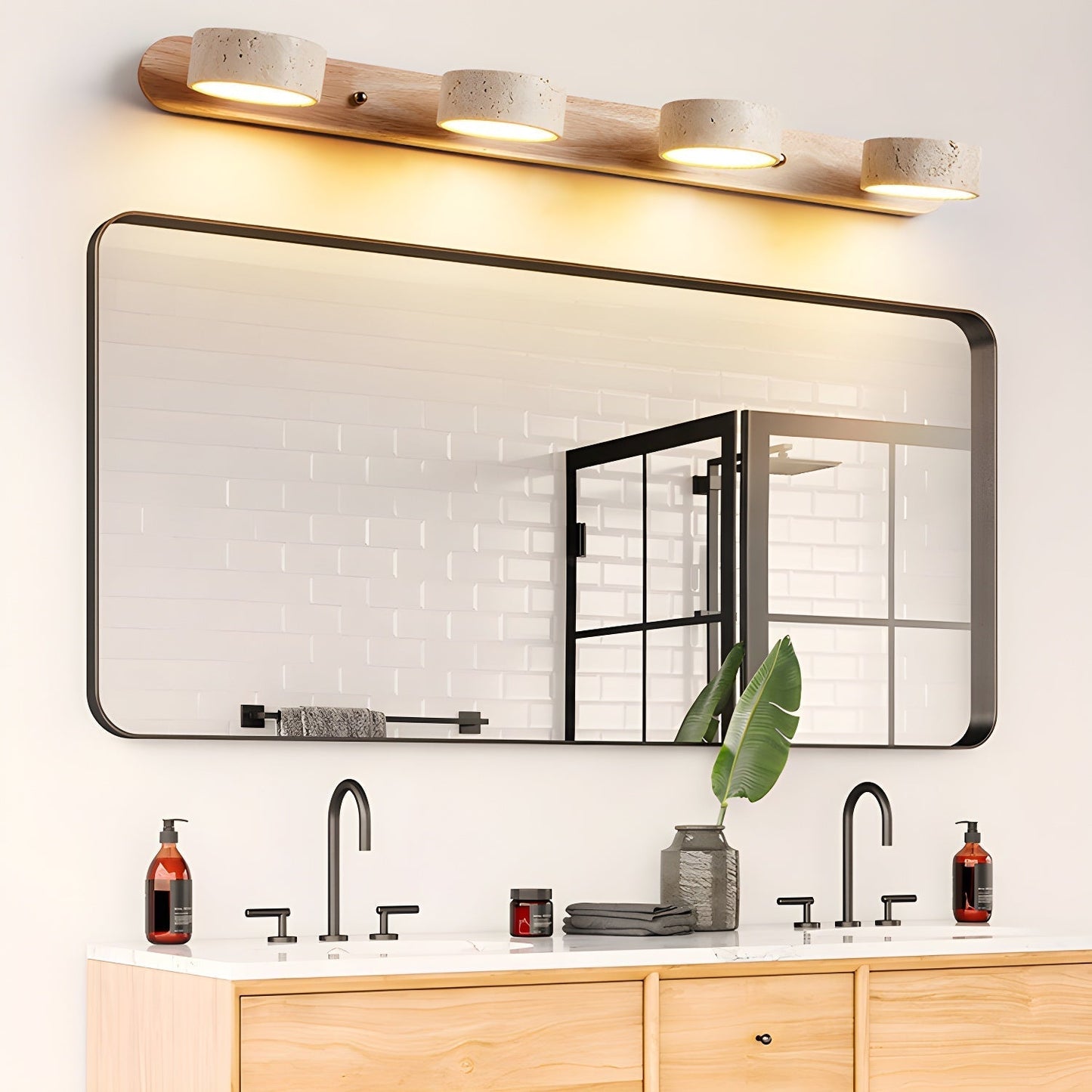 Calcera | Moderne naturlig travertinsten og træ væglampe