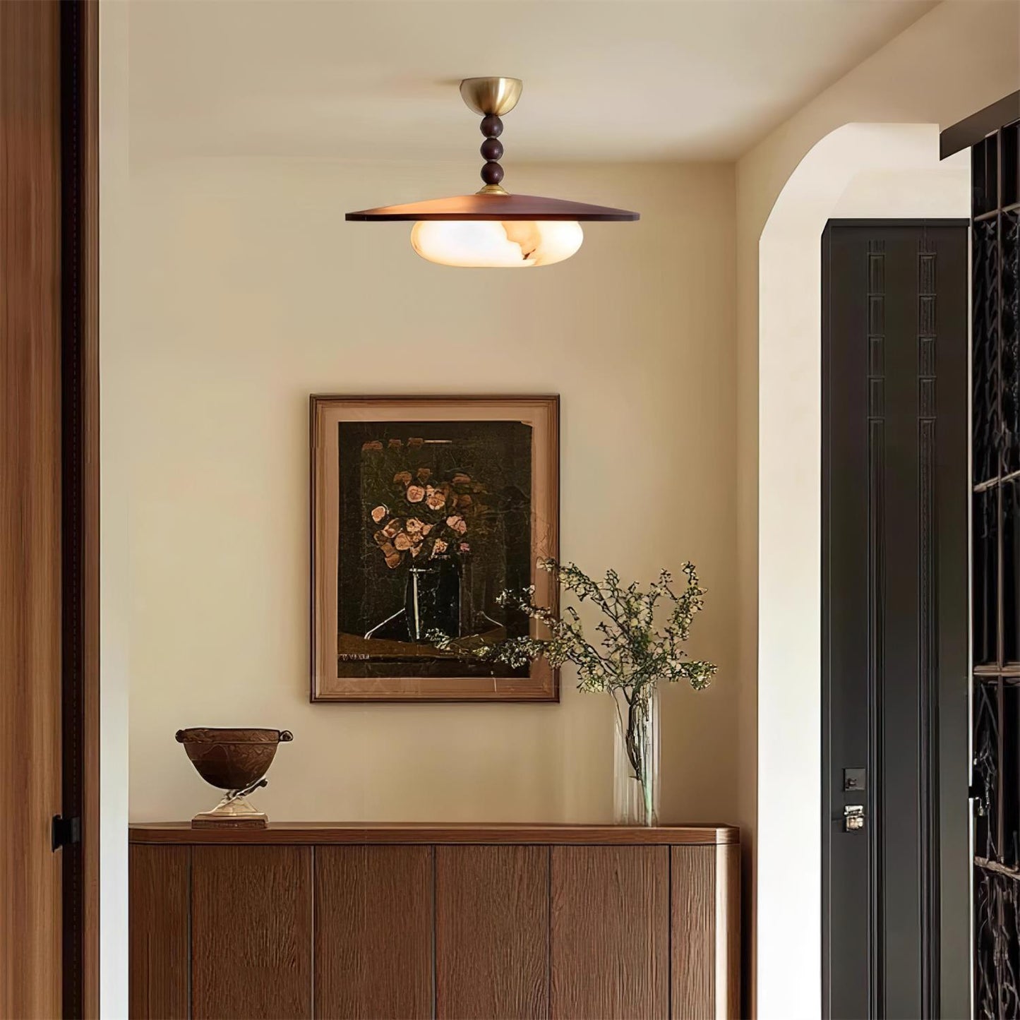 Midthos | Mid-century træ alabast kuppel flush montering loftslampe