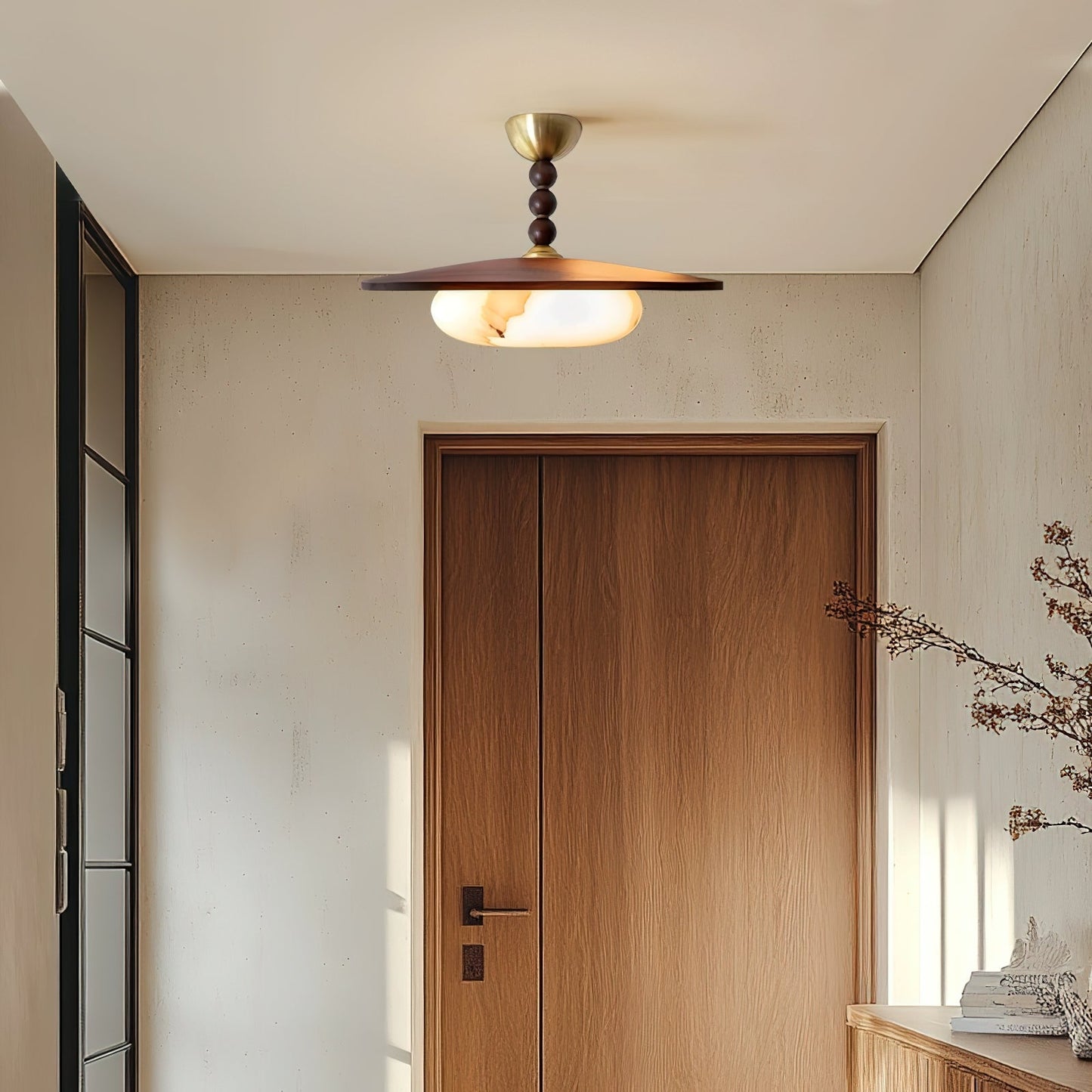 Midthos | Mid-century træ alabast kuppel flush montering loftslampe