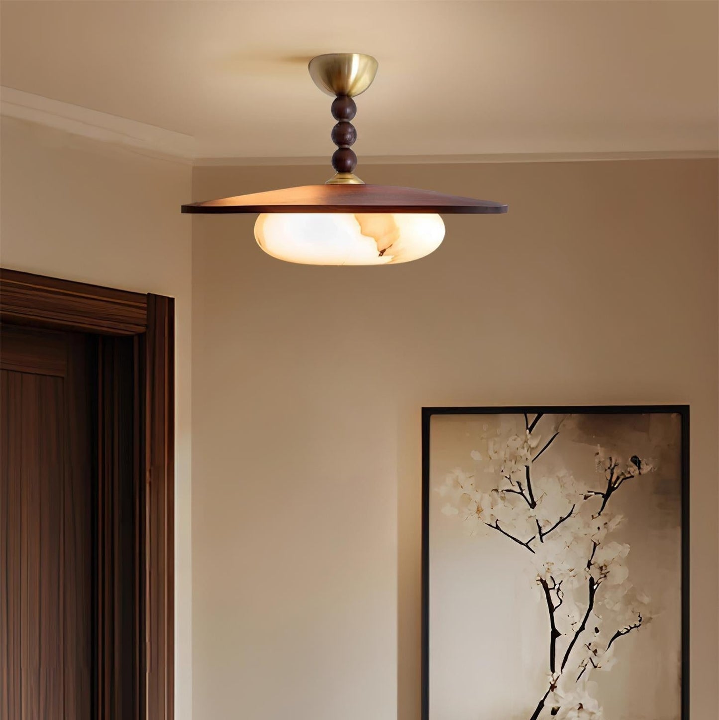 Midthos | Mid-century træ alabast kuppel flush montering loftslampe