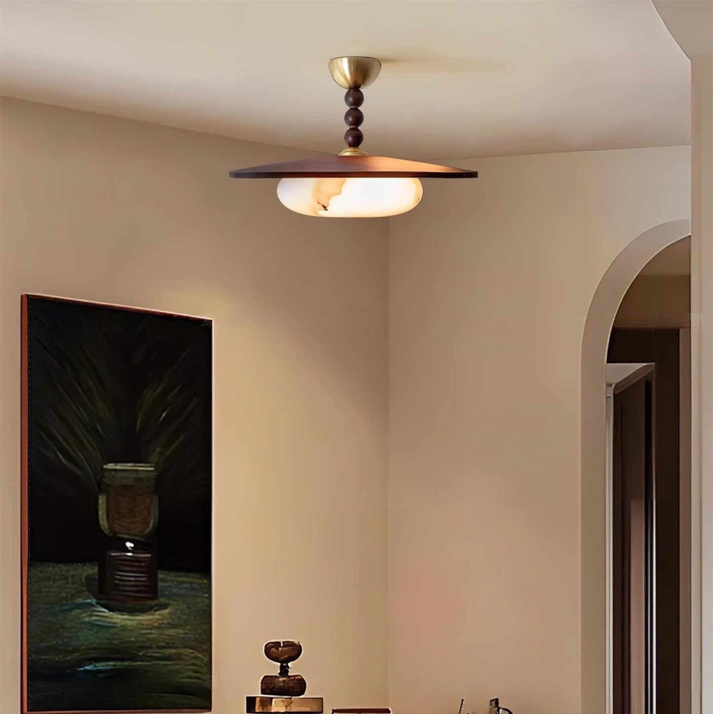Midthos | Mid-century træ alabast kuppel flush montering loftslampe