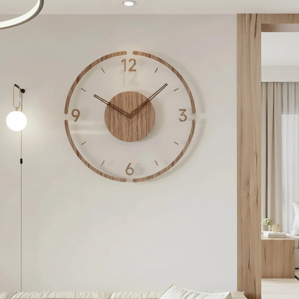 Minimalistisk analogt vægur i naturligt træ med stille kvarts