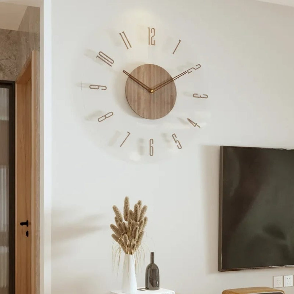 Minimalistisk analogt vægur i naturligt træ med stille kvarts