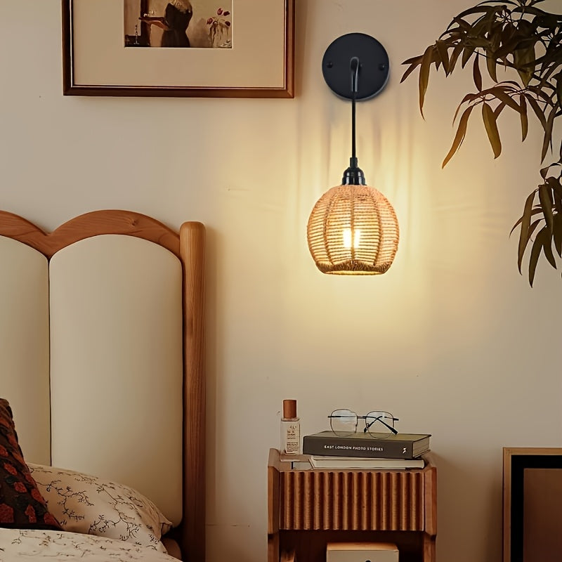 Håndvævet rattan boho justerbar landlig væglampe