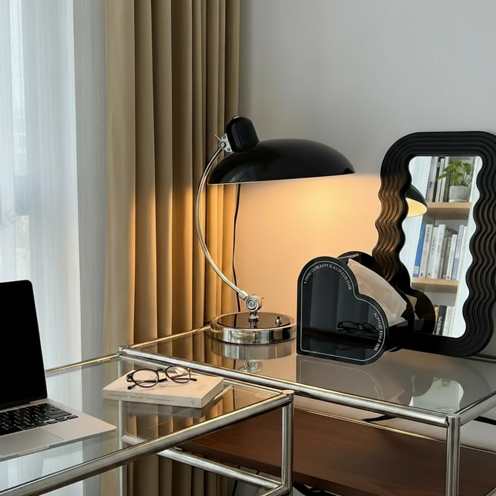 Buet arm Bauhaus skandinavisk skulpturel krom bordlampe