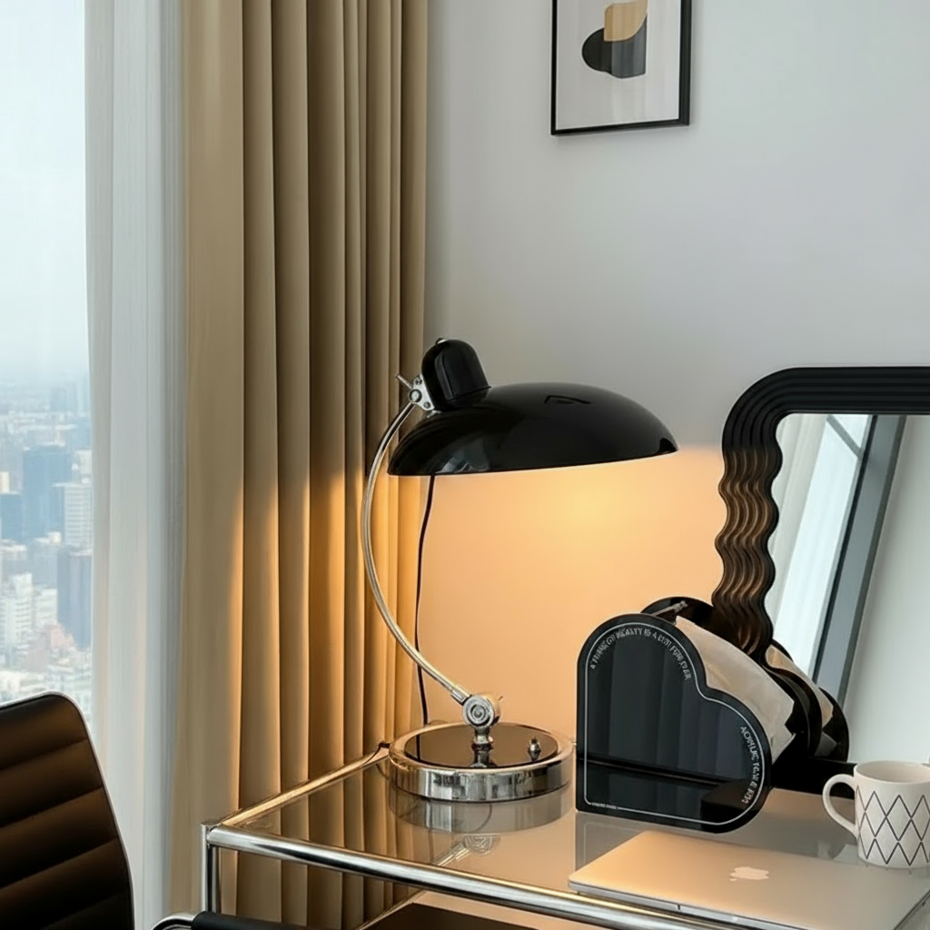 Buet arm Bauhaus skandinavisk skulpturel krom bordlampe