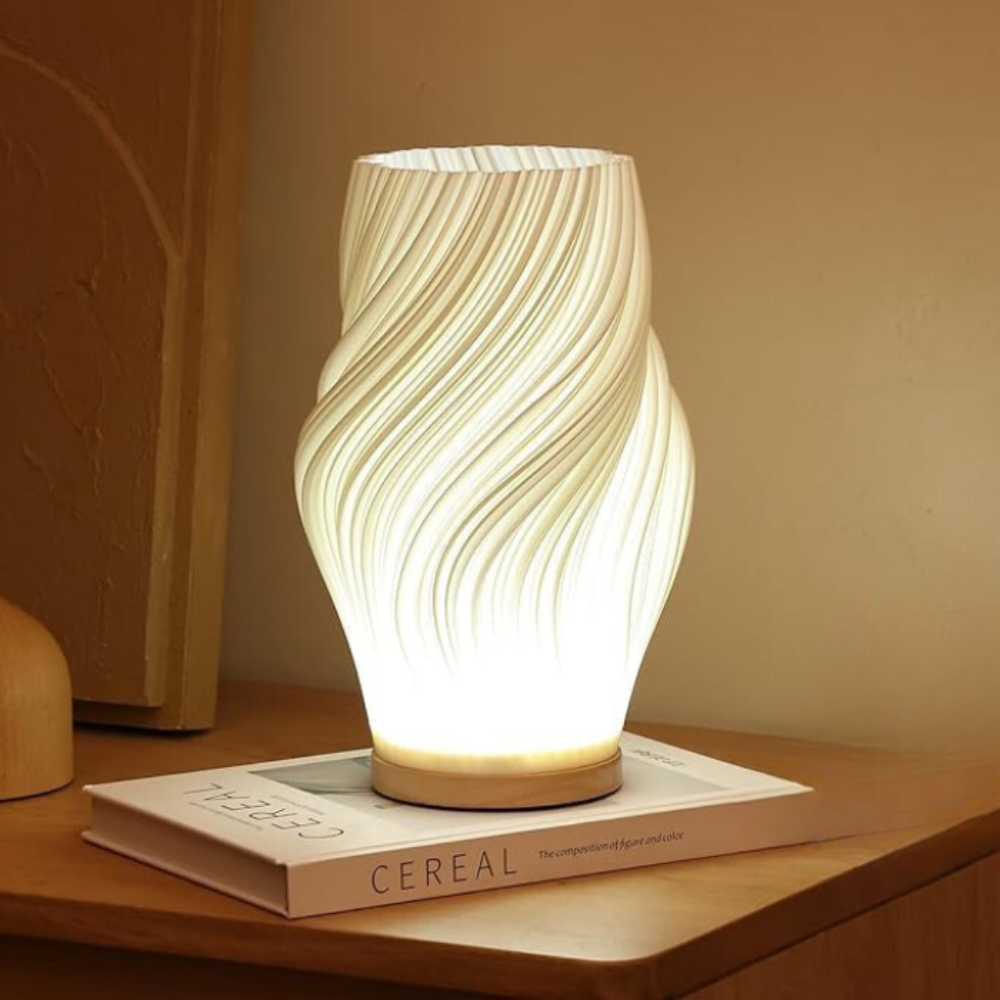 Skulptureret Bølgeformet Skærm Træfod Dæmpbar Bordlampe