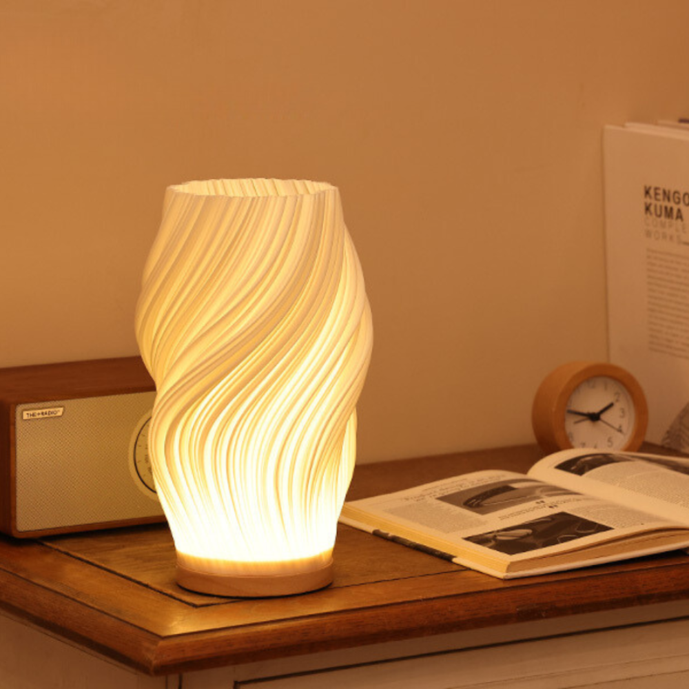 Skulptureret Bølgeformet Skærm Træfod Dæmpbar Bordlampe