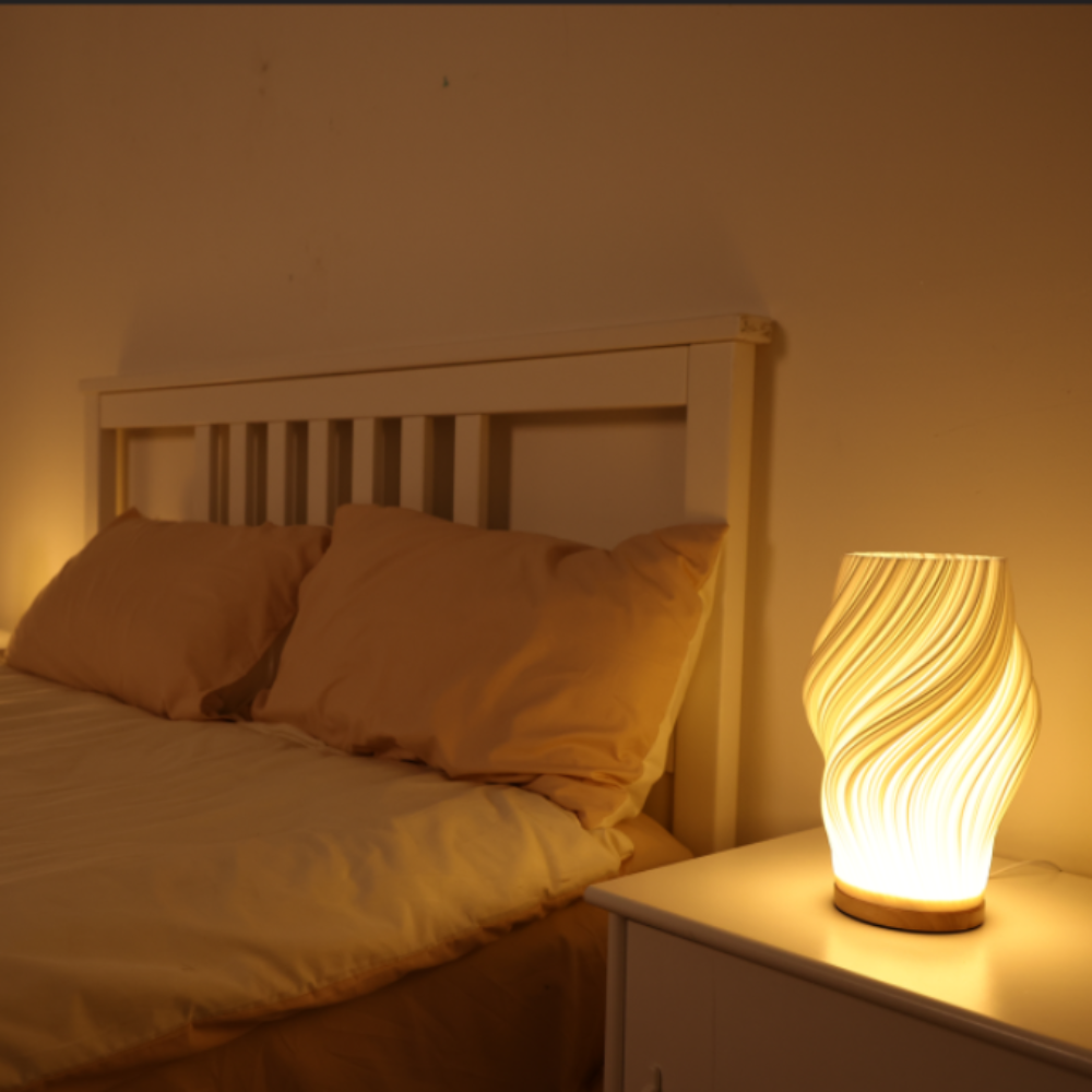 Skulptureret Bølgeformet Skærm Træfod Dæmpbar Bordlampe