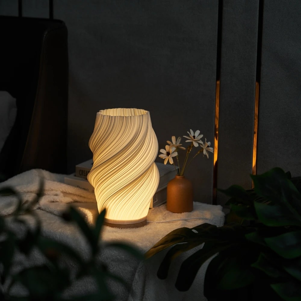 Skulptureret Bølgeformet Skærm Træfod Dæmpbar Bordlampe