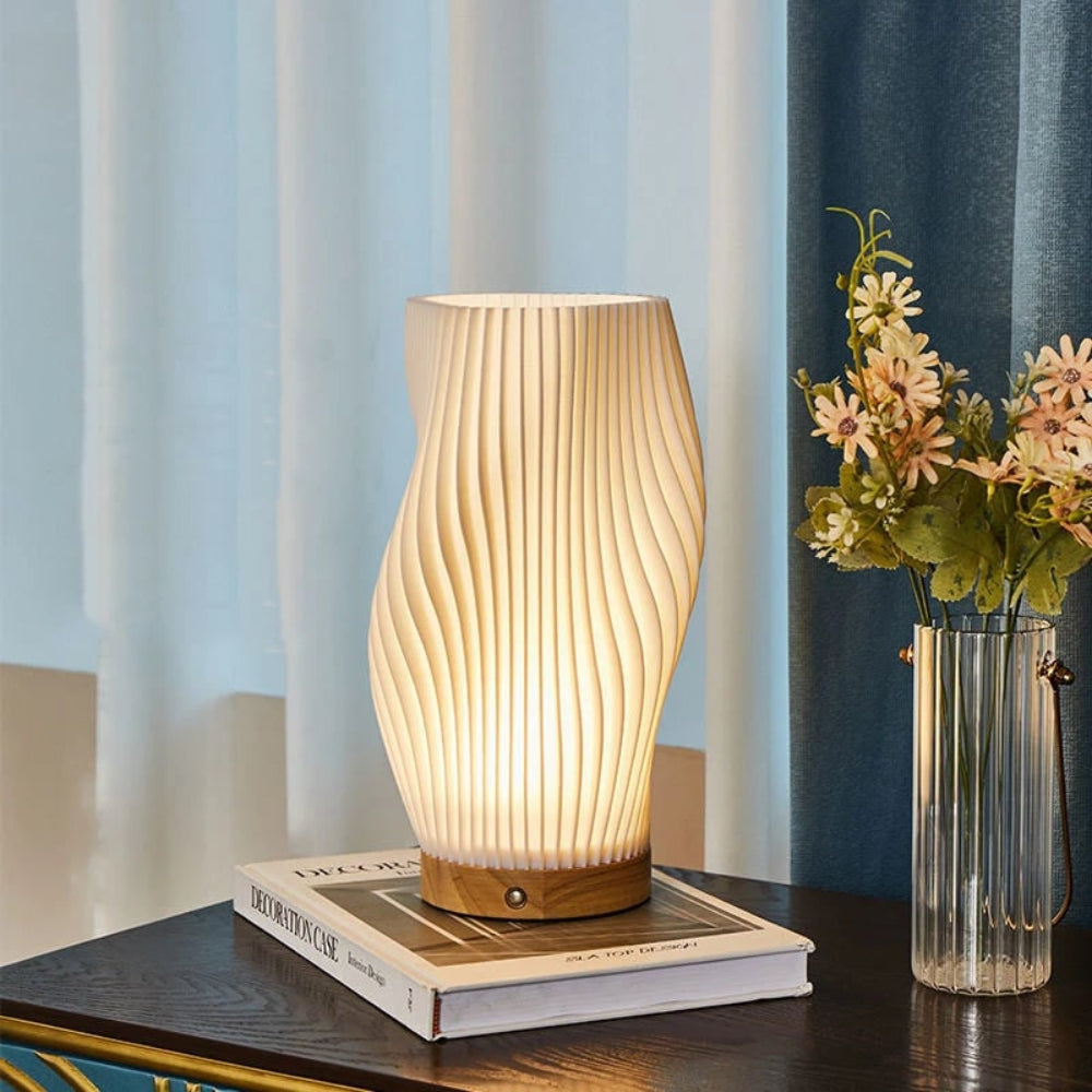 Skulptureret Bølgeformet Skærm Træfod Dæmpbar Bordlampe