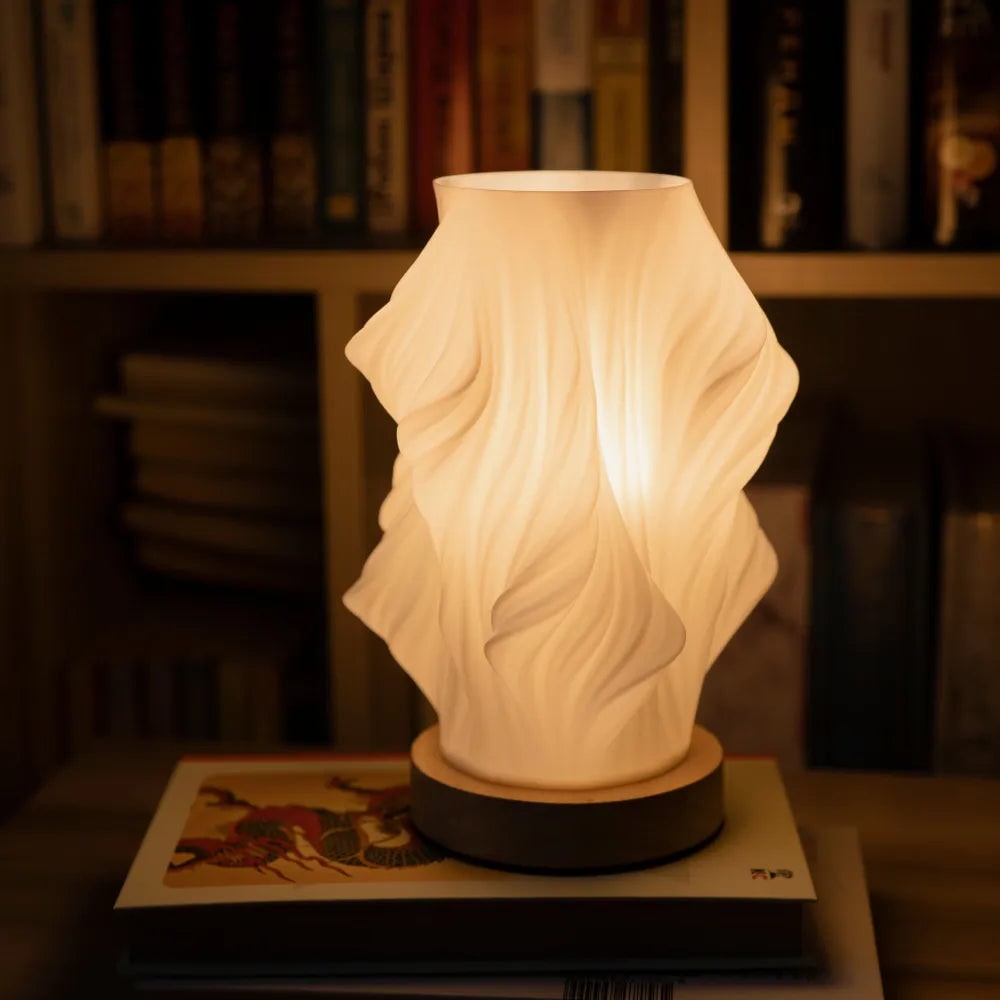 Skulptureret Bølgeformet Skærm Træfod Dæmpbar Bordlampe